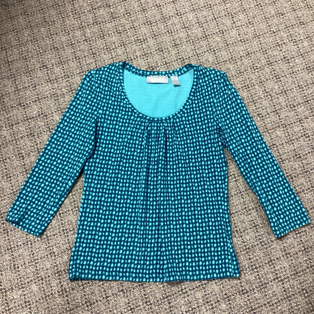 Liz Claiborne Teal Blue Navy Polka Dot 3/4 Sleeve Knit Top * Size S